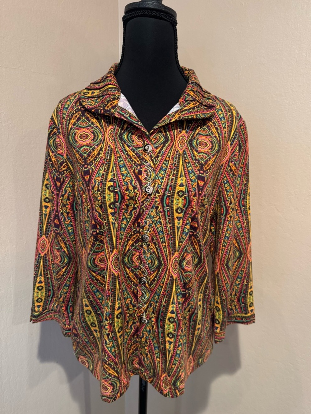Beautiful Vibrant Multicolor Button-Up Top with Gold Threading, Subtle Sparkles